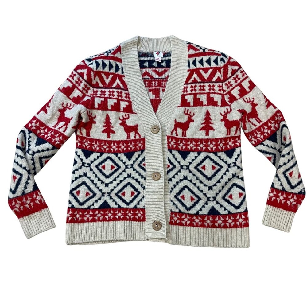 Nordic Isle V-Neck Christmas‎ Cardigan Sweater Women's Size S/M Reindeer Holiday